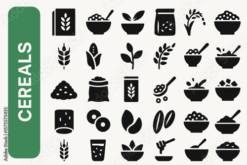 A collection of 25 Cereals-related editable Black Silhouette Icon.