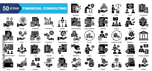 Financial Consulting icon collection set.Examination,scheme,Asset,Lawyer,Counsel,Tax assessment,Coverage.Flat icon collection.
