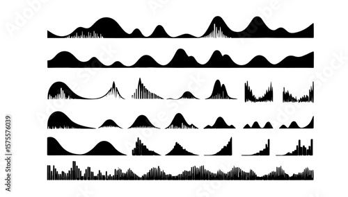 Various black waveform patterns displayed against a white background art