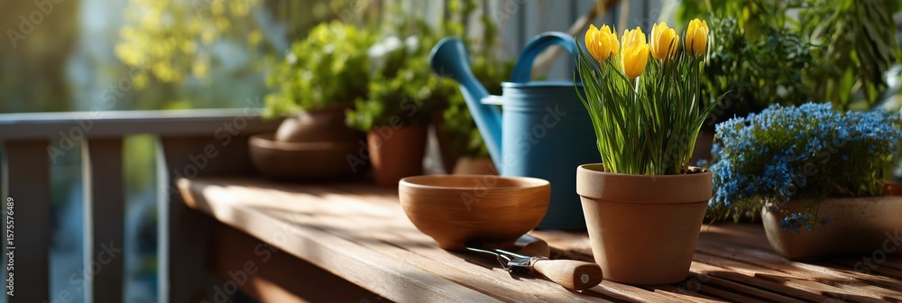 Fototapeta premium Sunny balcony garden with yellow tulips and wooden planters in springtime