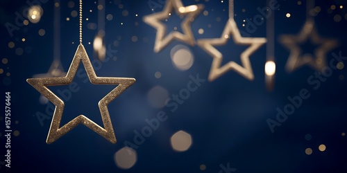 Glittering Hanging Star Ornaments with Bokeh Lights on Midnight Blue Background – Festive AI Concept
