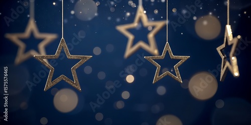 Glittering Hanging Star Ornaments with Bokeh Lights on Midnight Blue Background – Festive AI Concept