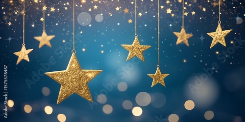Glittering Hanging Star Ornaments with Bokeh Lights on Midnight Blue Background – Festive AI Concept