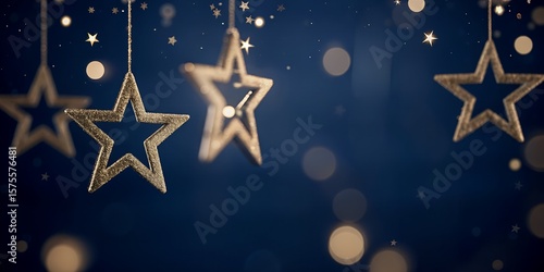 Glittering Hanging Star Ornaments with Bokeh Lights on Midnight Blue Background – Festive AI Concept