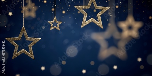 Glittering Hanging Star Ornaments with Bokeh Lights on Midnight Blue Background – Festive AI Concept