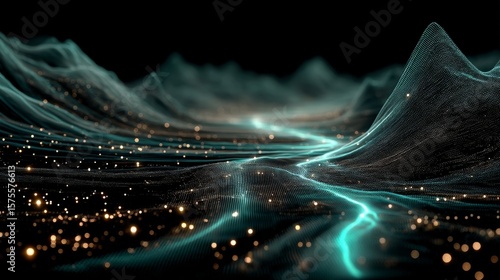 Futuristic digital landscape with undulating teal waves, fine lines, glowing golden particles, dynamic movement, and deep black background.