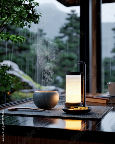 A realistic photo showcases a cozy, tranquil scene with steaming tea, a modern lamp, and a rainy forest view, evoking a sense of peace and relaxation.
