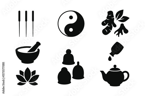 Traditional Chinese Medicine Vector Set – Acupuncture, Herbal Remedies, and Cupping Therapy Icons