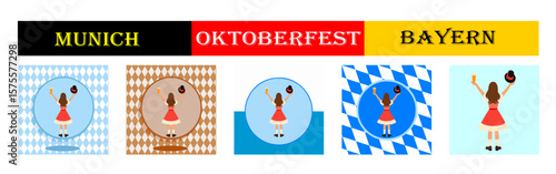  From the "oktoberfest" series, a set of girls in red dress with a hat in her hand with different variants of bavarian ornaments and backgrounds