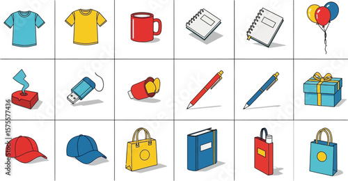 Illustration of t shirts, mug, notebooks, balloons, usb drive, and other items on white