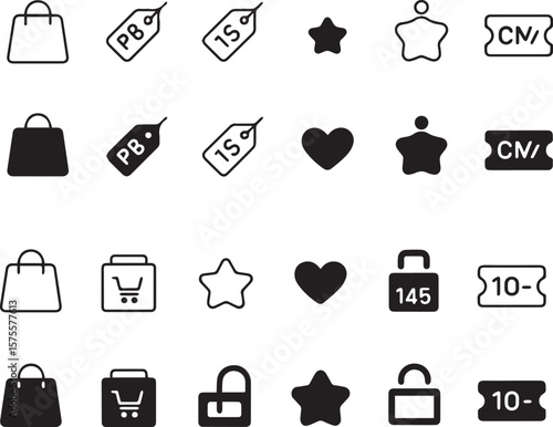  E-commerce icon set showing 12 shopping icons in three styles outline, solid fill, and dual-tone. Each style is in a separate row. Icons include shopping bag, price tag, wishlist heart, review star, 