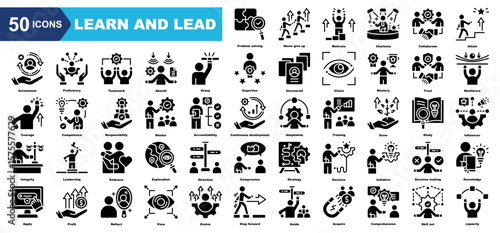 Learn and Lead icon collection set.Problem solving,Never give up,Motivate,Charisma,Collaborate,Attain,Enrichment.Flat icon collection.