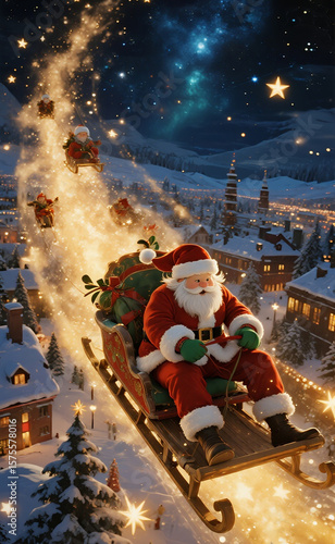 Santa's Grand Christmas Flight: Father Christmas Soaring in His Sleigh with Elves Through a Starry Night Over a Festive Snow-Covered Town