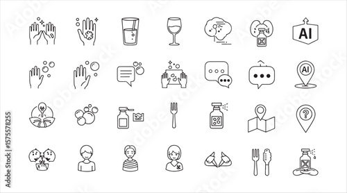A diverse line icon set featuring clean hands, dirty and dry t-shirts, cleaning bubbles, and hygiene-related symbols.