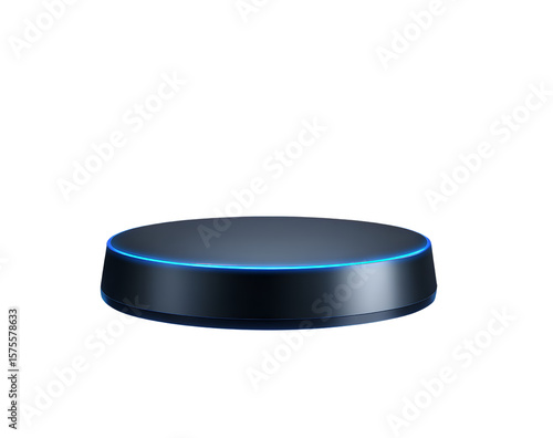 Floating Futuristic Circular Podium with Blue Neon Ring, Hovering Effect, Isolated on Transparent Background