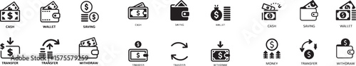  money icon set. containing cash, saving, wallet, transfer, withdraw icons.