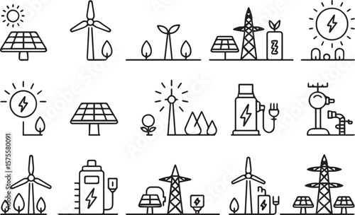 Renewable energy and low emission sustainable power system line icon set including solar, wind, hydrogen and EV charging. Clean energy generation and grid infrastructure vector illustration.