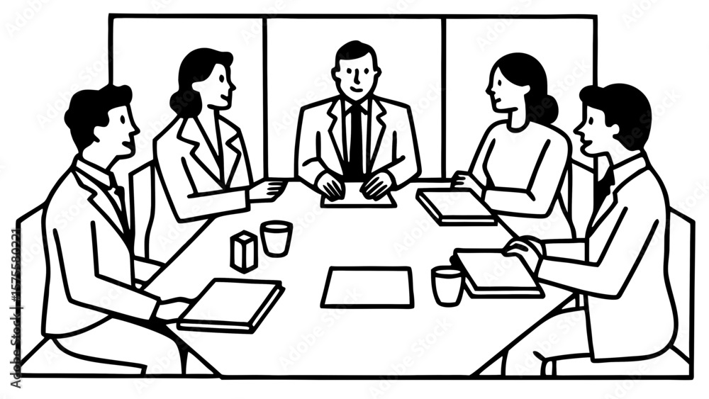 Minimalist Line Art of Business Meeting with Five People Around Table – Corporate Discussion and Team Collaboration Concept Minimalist Line Art of Business Meeting with Five People Around Table – Corporate Discussion and Team Collaboration Concept