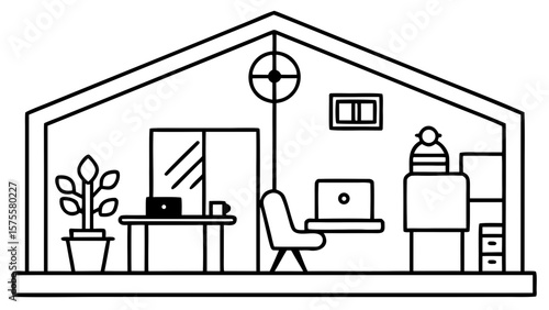 Minimalist Line Art of Home Office Interior with Laptop, Desk Chair, Window, and Potted Plant – Remote Work and Cozy Living Space Concept