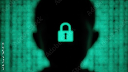 Powerful minimalist depiction of data security with a silhouette and lock symbol against a matrix background. National Child Identity Theft Awareness Day