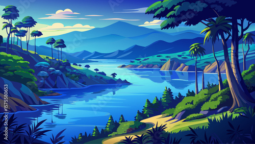 Lake Tanganyika, Tanzania/DR Congo – Deep blue lake mirrors steep forested shorelines under tropical afternoon light, ideal vector palette.