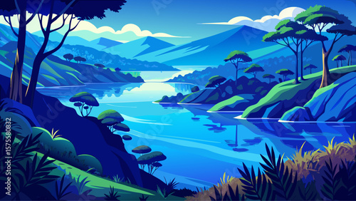 Lake Tanganyika, Tanzania/DR Congo – Deep blue lake mirrors steep forested shorelines under tropical afternoon light, ideal vector palette.