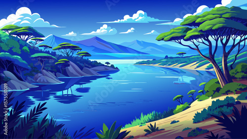 Lake Tanganyika, Tanzania/DR Congo – Deep blue lake mirrors steep forested shorelines under tropical afternoon light, ideal vector palette.