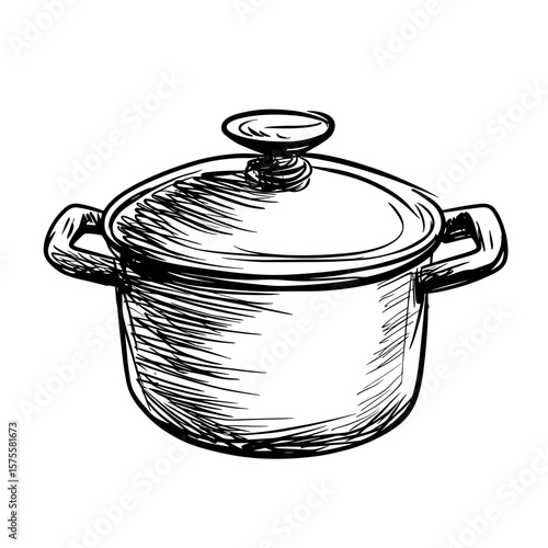 Sketched cooking pot with lid, saucepan, vector icons in sketch food and drinks