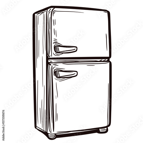 Vintage refrigerator illustration in black and white, vector icons in sketch food and drinks
