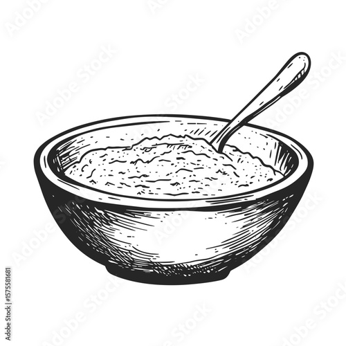 Bowl of porridge with spoon, vector icons in sketch food and drinks