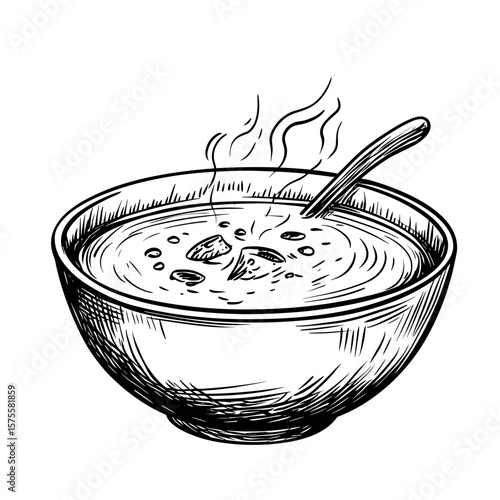 Illustration of bowl soup in a bowl with a spoon, vector icons in sketch food and drinks