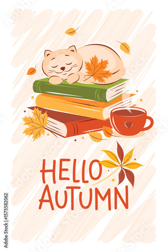 Hello, Autumn. Books, cup coffee or tea, cute cat with autumn leaves. Vector illustration for bookshop, library, bookstore, card, cover.