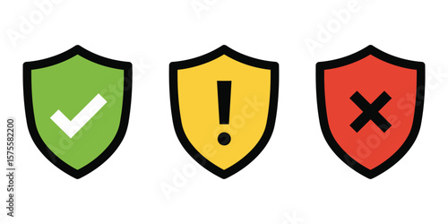 Flat Safe, Caution, and Unsafe Shield Icons with Tick, Exclamation, and Cross Symbols, Warning Labels for App and Website UI