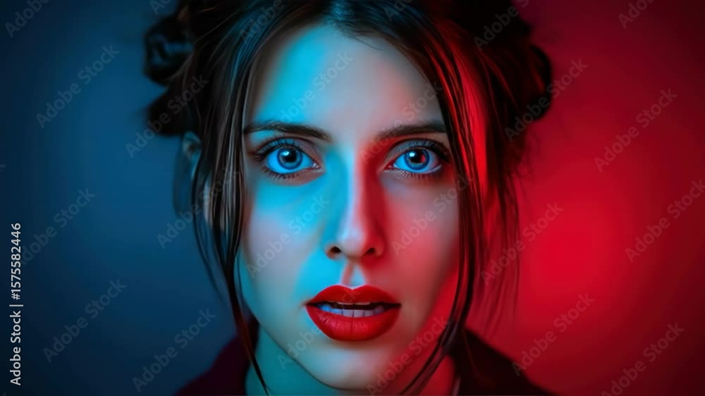 Woman with bright blue eyes red lips hair in space buns illuminated by redblue lights Woman with bright blue eyes red lips hair in space buns illuminated by redblue lights