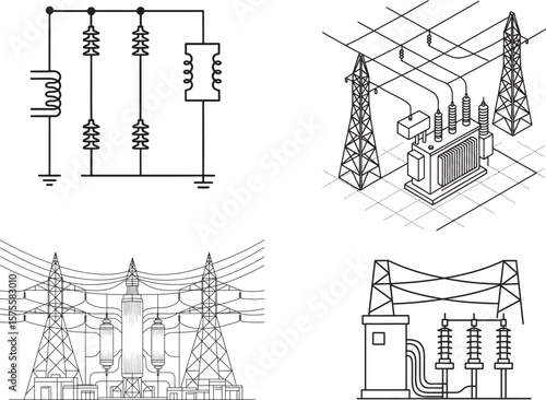 Illustrative vector set depicting electrical power systems and infrastructure in black and white