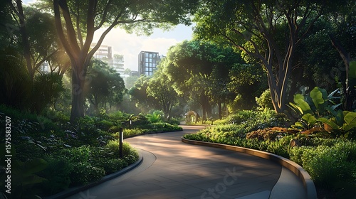 Fototapeta Naklejka Na Ścianę i Meble -  Winding path through lush green park with trees and distant buildings view