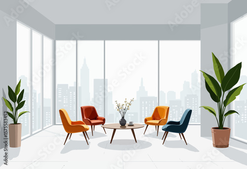 Modern lounge area with colorful chairs and city view  