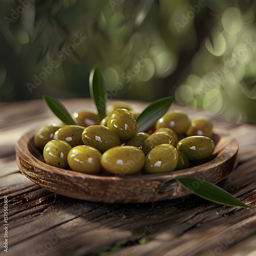 Green Olives on Wooden Table