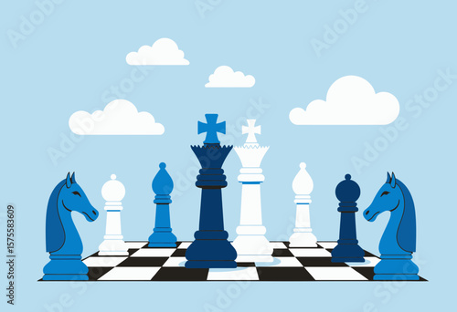 Chess pieces on board in blue and white colors against blue background  