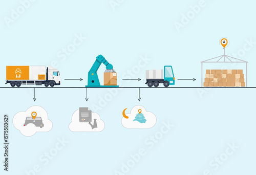 Logistics and supply chain process illustrated with warehouse and truck  