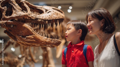 Exciting museum visit with child observing dinosaur skeleton in natural history exhibit
