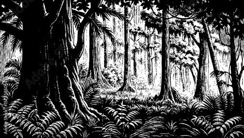 Sinharaja Forest in Sri Lanka with tall tropical trees, hanging vines, and rich undergrowth stylized as a clean black and white line art illustration for nature lovers and travelers