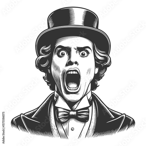 surprised man with wide eyes and open mouth, wearing a top hat and formal clothing sketch engraving generative ai fictional character vector illustration. Scratch board imitation. Black and white.