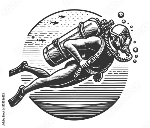 scuba diver exploring underwater sketch engraving generative ai fictional character vector illustration. Scratch board imitation. Black and white image.