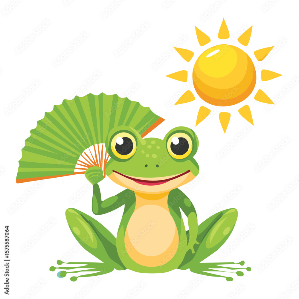 Fototapeta premium Smiling Frog Waving Fan Under Warm Sunshine