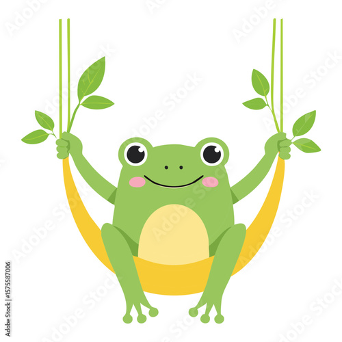 Cute Green Frog Relaxing in Hammock Swing