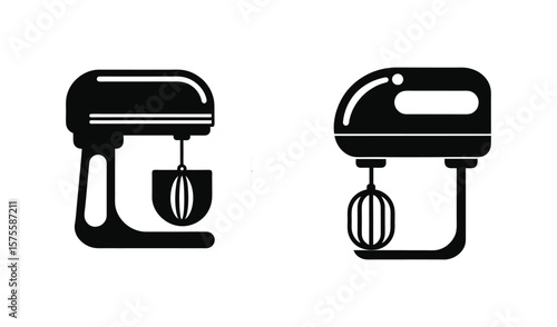 Two black silhouette icons of kitchen mixers on a white background