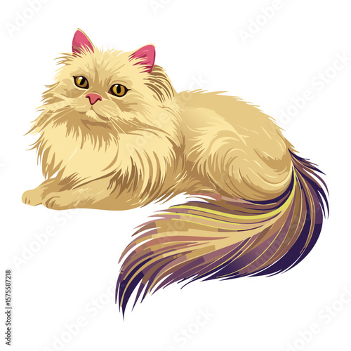Cream Persian Cat Sitting with Fluffy Tail