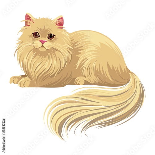 Cream Persian Cat Lying Looking Back Illustration
