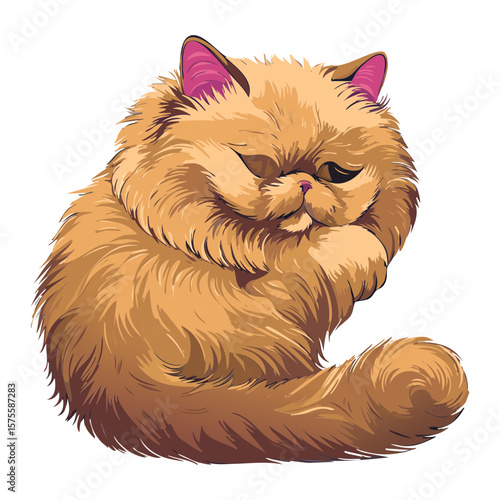 Fluffy Brown Persian Cat Curled Up Illustration